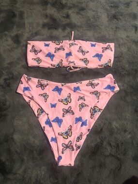 SHEIN Pink Butterfly Print Two-Piece Bikini